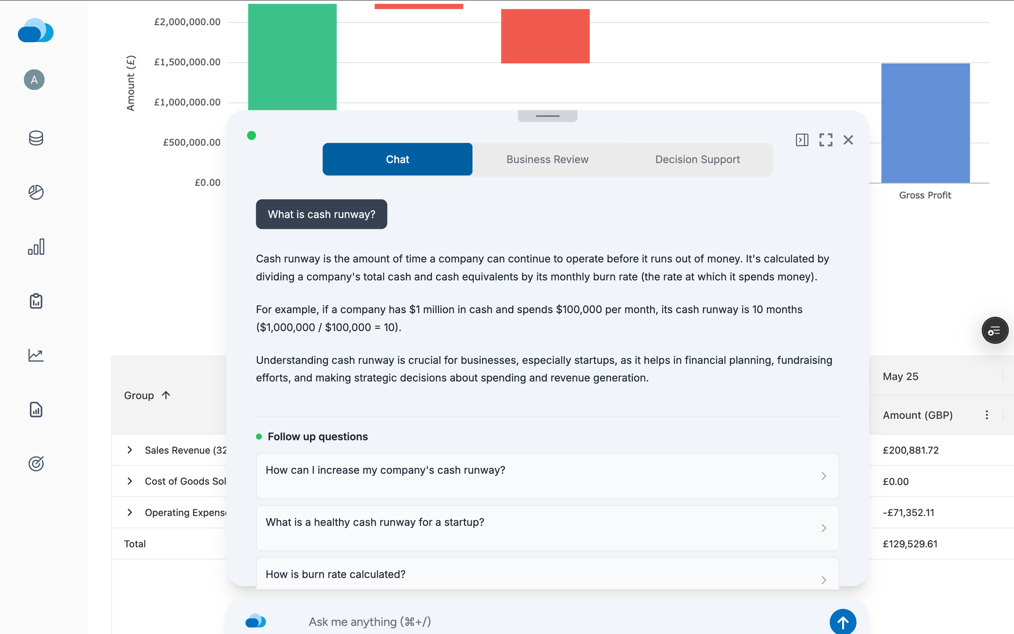 Screenshot of CloudFO explaining the finance term "cash runway" in clear, conversational language using its built-in knowledge.