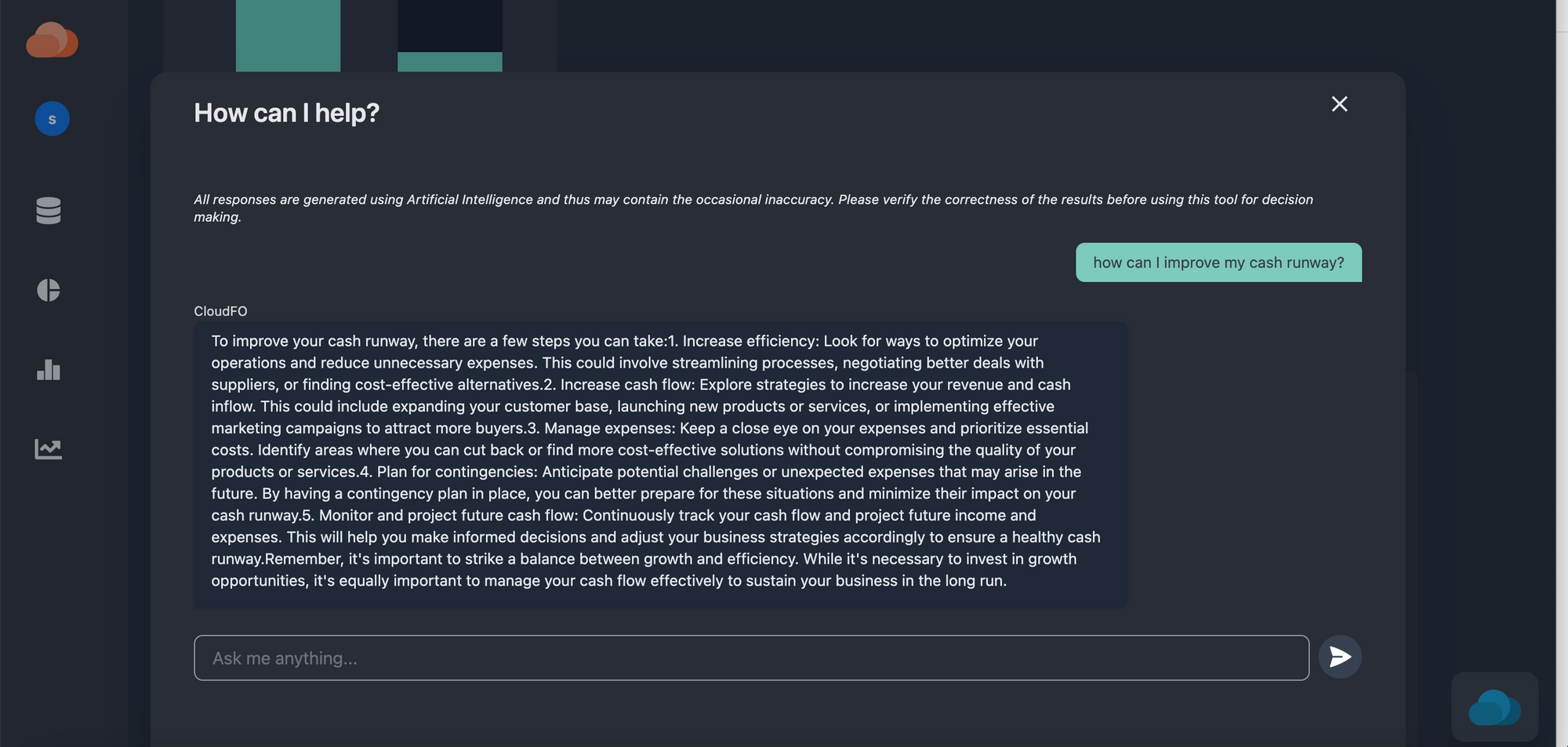 Image showing a chat conversation with a chat bot - the user question is "how can i imorove cash runway?" the cloudfo bot responds with straetgies